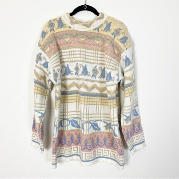 VINTAGE KEREN Pastel Abstract Knit Crewneck Grandma Sweater Slouchy Oversized - Picture 2 of 8